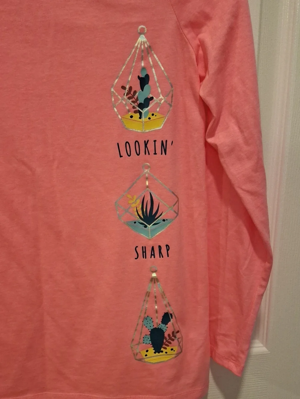 Justice Pink Long-Sleeve Graphic Tee with Black Trim. Size 12